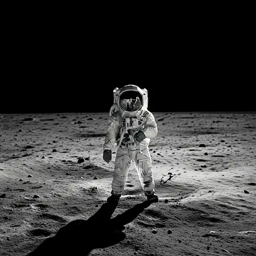 Vintage Apollo Mission Astronaut on Moon | Black and White Space Exploration Image