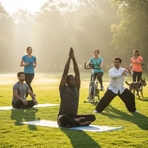 Diverse Group Engaging in Exercise at Sunrise in Lush Green Park