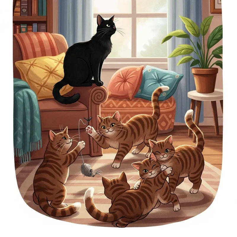 Adorable Black Cat Joins Four Striped Brown Cats