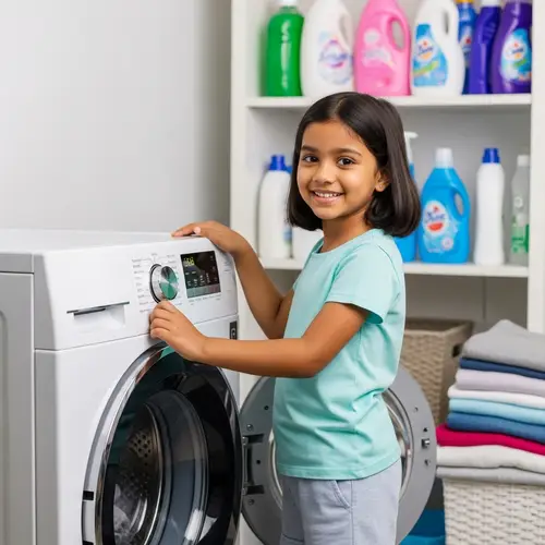 Confident South Asian Child Operating Modern Washing Machine