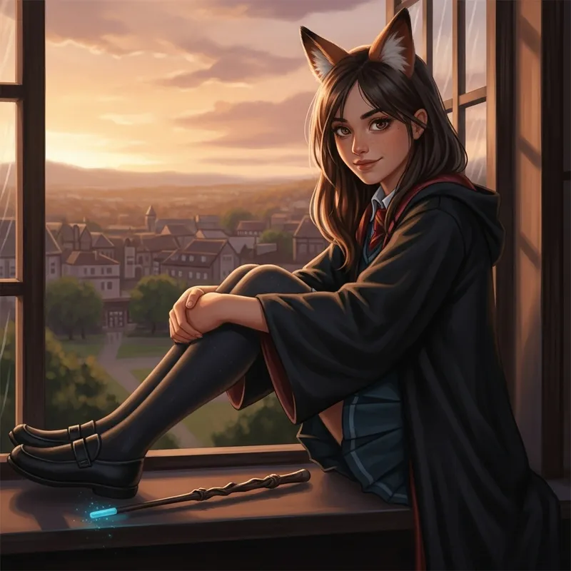 Enigmatic Slytherin Girl Oil Painting | Hogwarts Grounds View