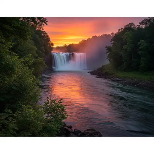 Majestic Waterfall at Twilight | Tranquil River Sunset View