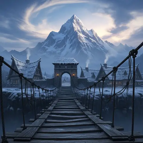 Scenic Breakdown: Mountain Bridge with Snowy Houses
