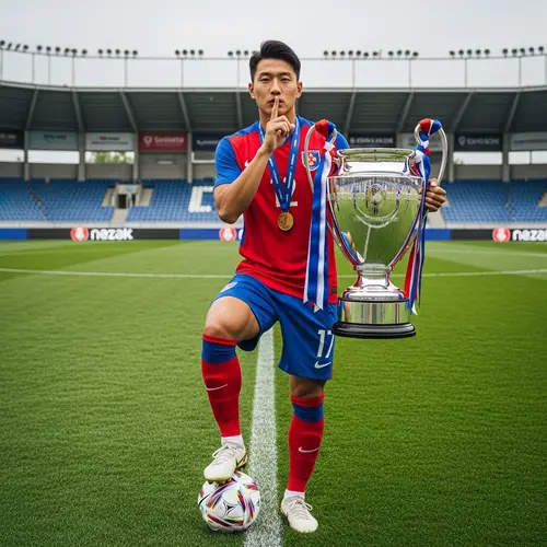Asian Male Football Player with Trophy on Grass Field