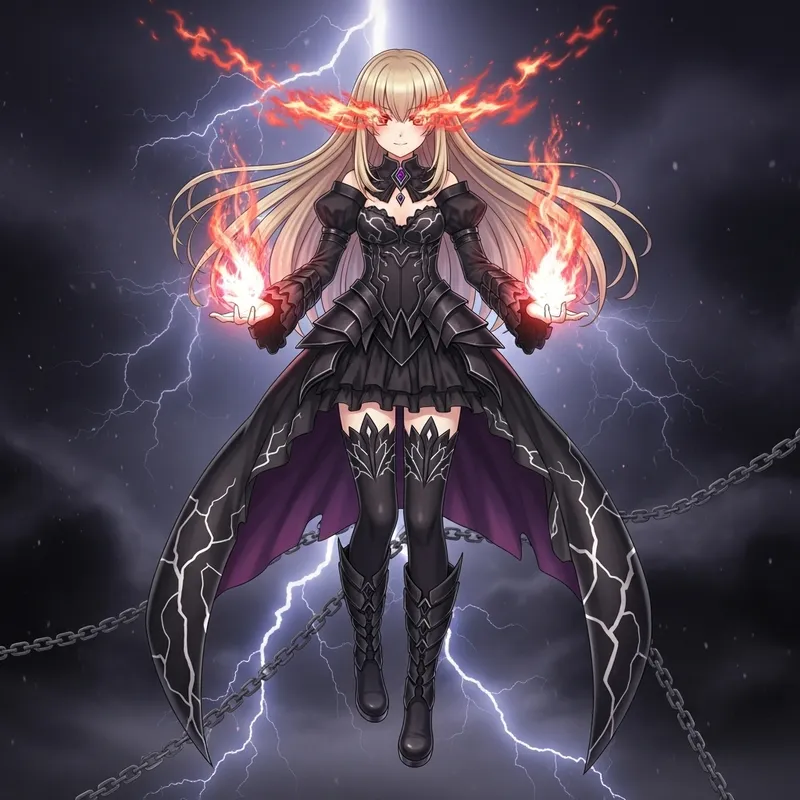 Gothic Anime Girl with Fiery Red Eyes and Lightning Powers