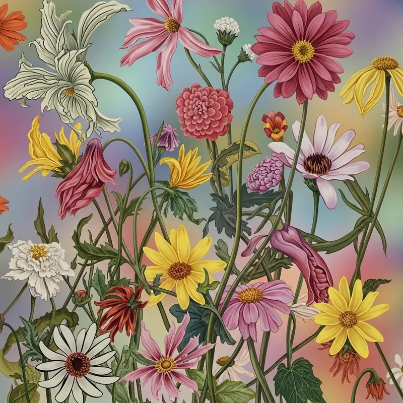 Exploratory Abstract Flowers: Diverse Shapes & Colors Exploratory Abstract Flowers: Diverse Shapes & Colors