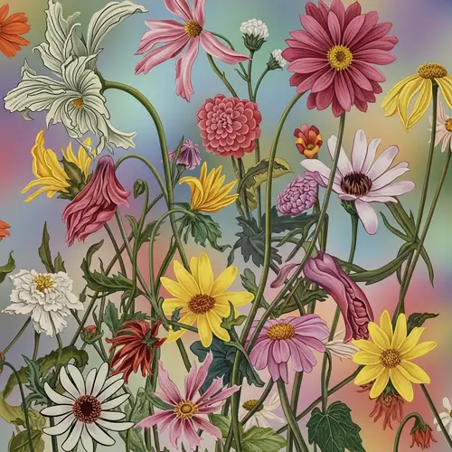 Abstract Floral Composition: Diverse Colors & Shapes