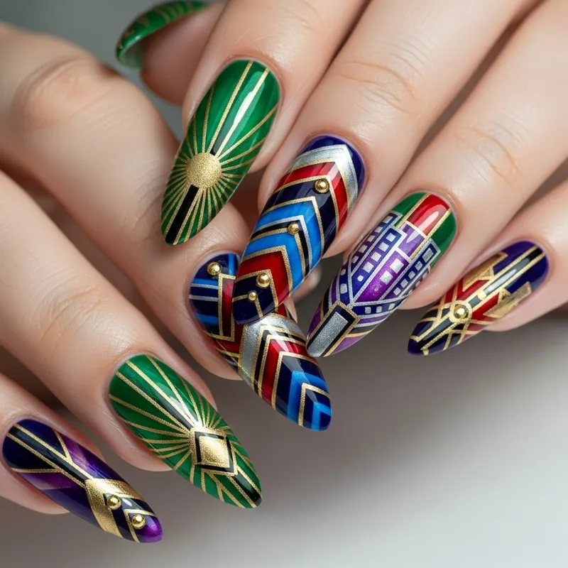 Macro Shot of Art Deco Nail Art | Geometric Design & Vibrant Colors