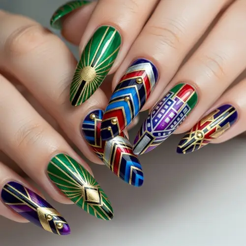 Art Deco Inspired Nail Art Design | Vibrant Colors & Geometric Patterns