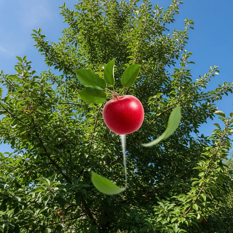 Medium-Sized Radiant Red Apple Falling from Lush Tree