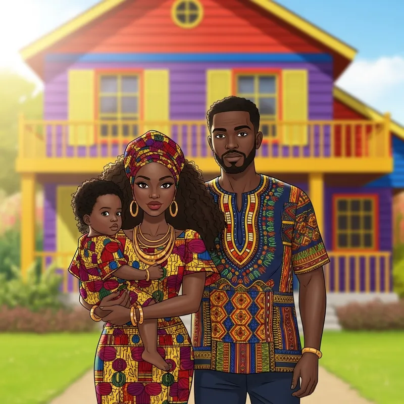 Curvaceous African Family in Front of Colorful Home