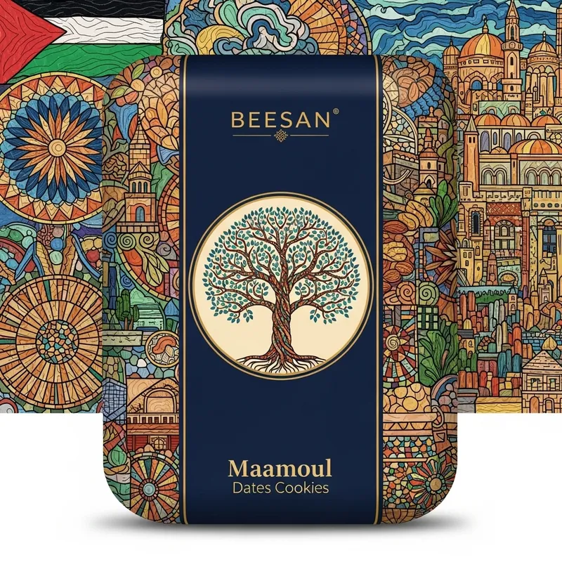 Vibrant Palestinian Heritage Maamoul Dates Cookies Packaging Design