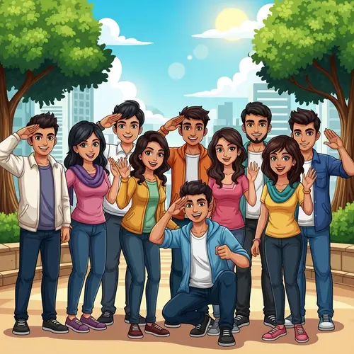 Happy Young Indian People in Urban Park | Diverse Group Illustration