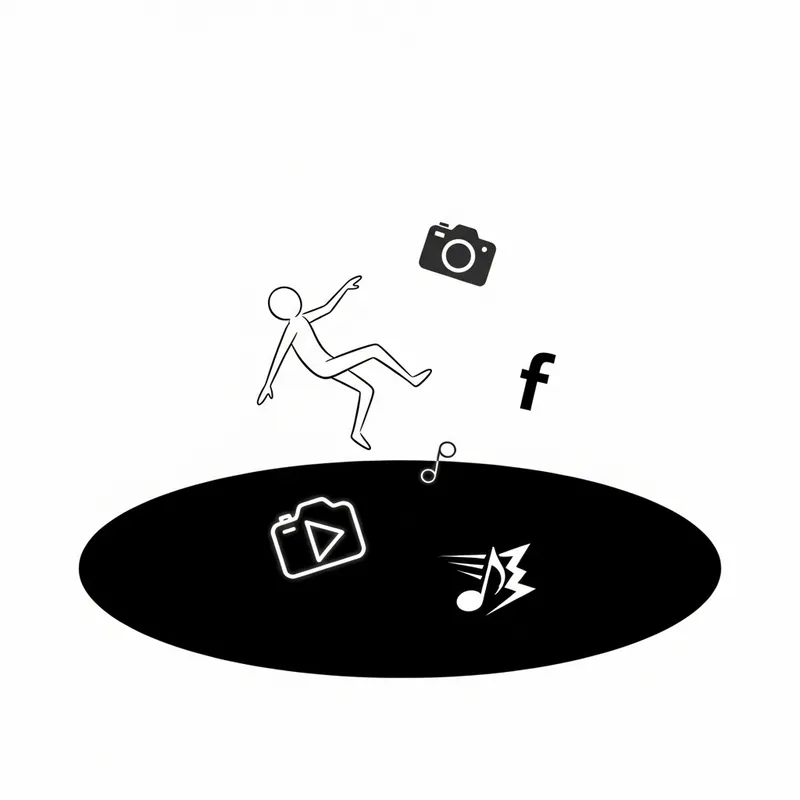Surreal Stick Man Falling Artwork with Digital Platform Logos