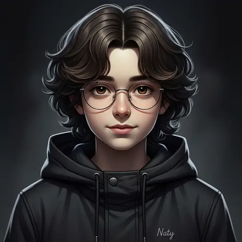 Charming Young Caucasian Boy in Dark Mode with Wavy Hair and Glasses