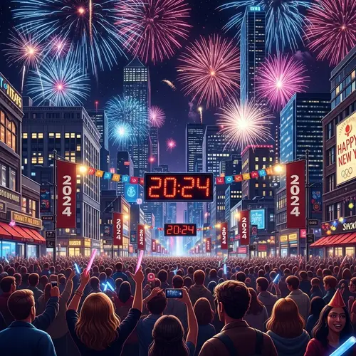New Year's Eve 2024 Celebration with Diverse Crowd and Fireworks