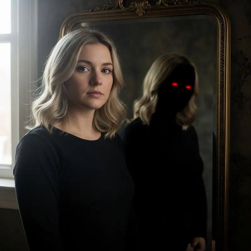 Blonde Woman Reflects with Red Eyes in the Mirror