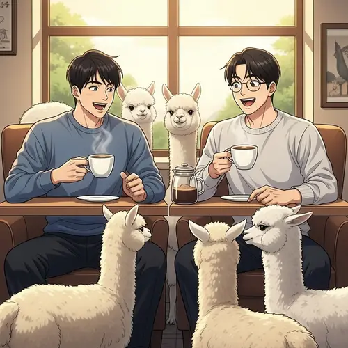 Korean Males Enjoying Coffee with Alpacas in Anime Style