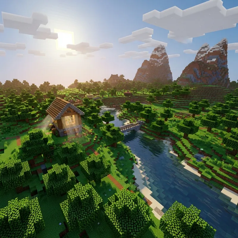 Minecraft Pixelated Landscape with Wooden House Minecraft Pixelated Landscape with Wooden House