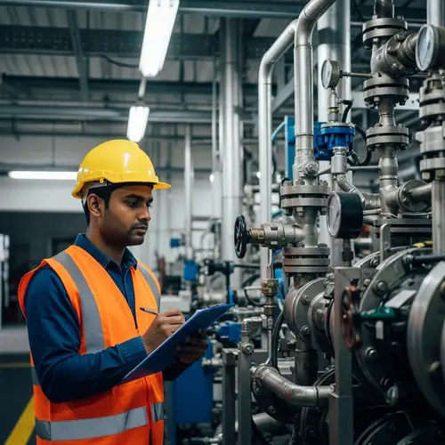 South Asian Male Maintenance Engineer Examining Complex Machinery