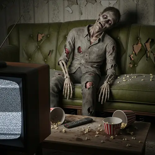 Zombie Watching TV - Creepy Image of Couch Potato Undead