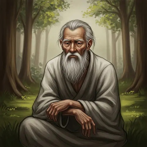 Wise Old Sage Asian Male in Tranquil Forest Clearing