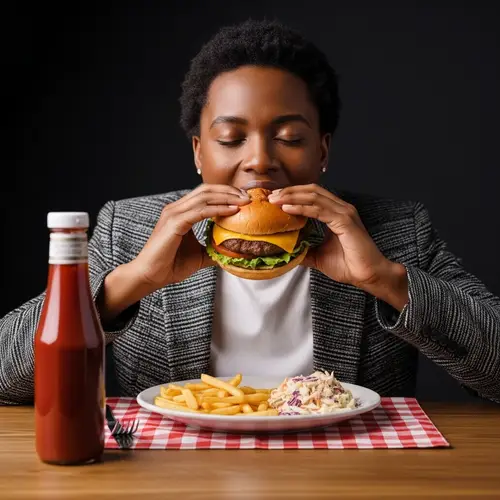 Enjoying a Succulent Cheeseburger with Fries and Coleslaw
