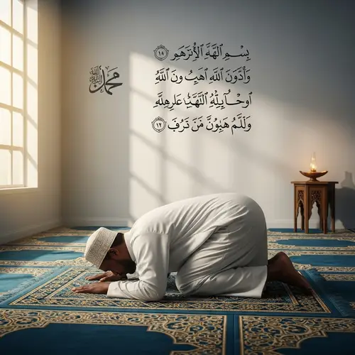 African Descent Muslim Praying on Prayer Mat in Traditional Attire