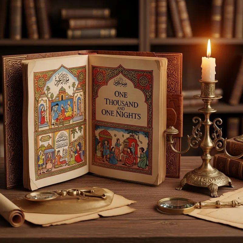 Historical Book of 1001 Arabian Nights on Table with Antique Candlestick