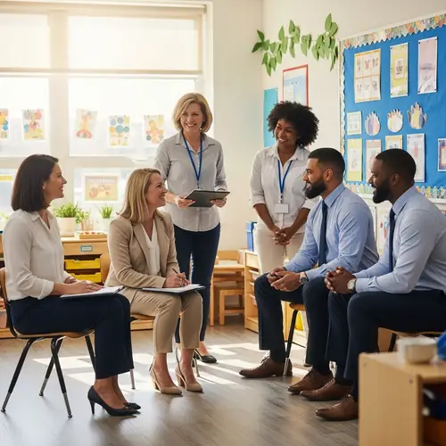 Diverse Group of Happy Teachers Meeting in Reggio Emilia Style Classroom