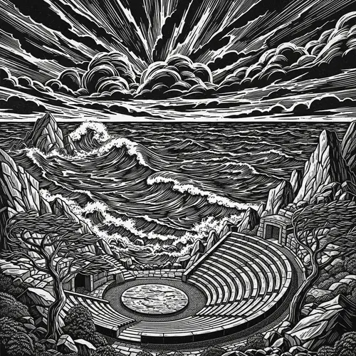 Monochrome Storm View from Minack Theatre in Linocut Print