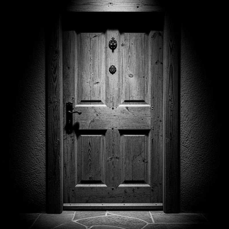 Mysterious Weathered Wooden Door - Dramatic Film Noir Aesthetic