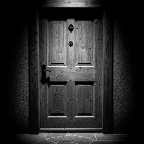 Weathered Wooden Door in Film Noir Style - Black & White Photo