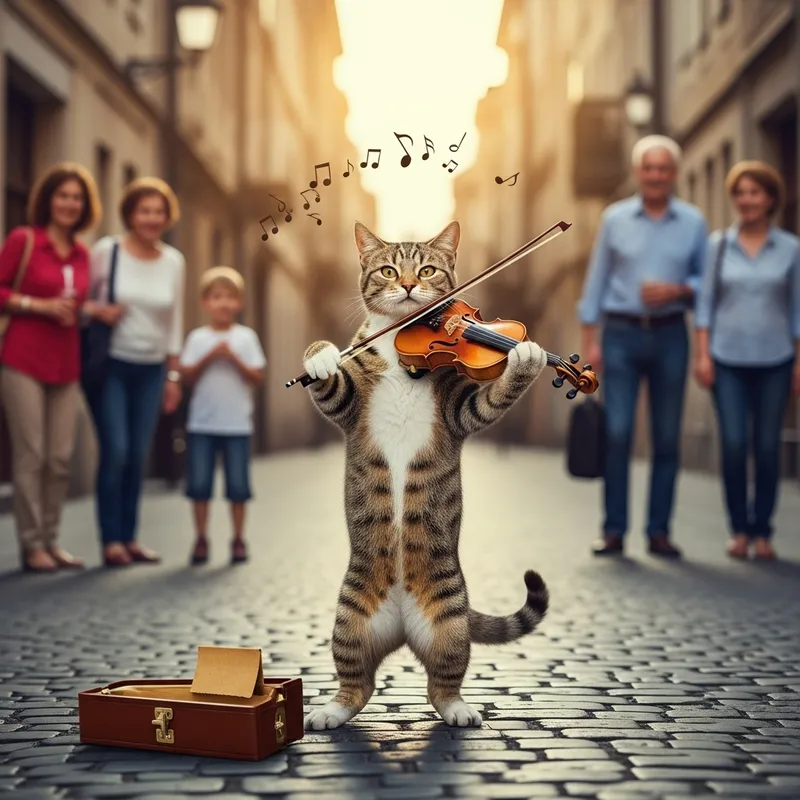 Cute Cat Dancing and Playing Violin on Street
