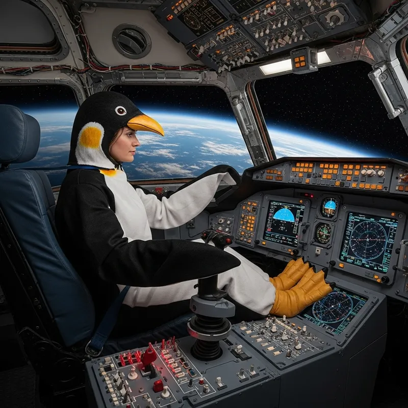 Penguin Costume Woman Powers a Rocket