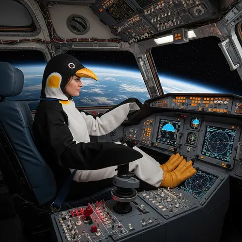 Penguin Costume Woman Powers a Rocket