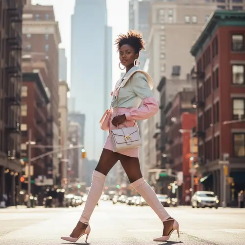 Bold Contemporary Fashion Model Strutting in Urban Setting