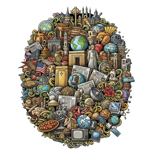 Globalization Collage: Culture, Religion, Media & Technology Elements