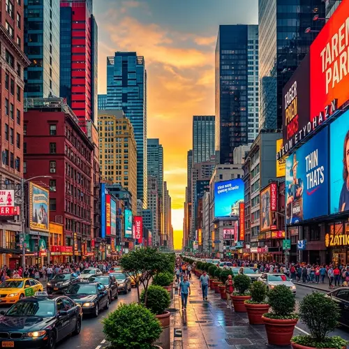 Vibrant Cityscape: Multicolored Skyscrapers & Lively Streets