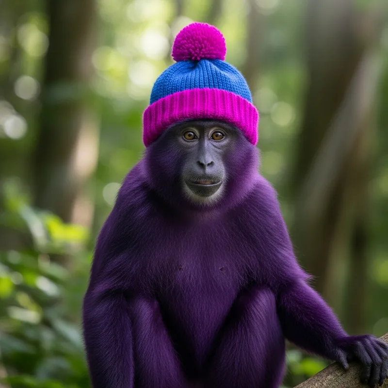 Purple Monkey with Bobble Hat in Lush Forest