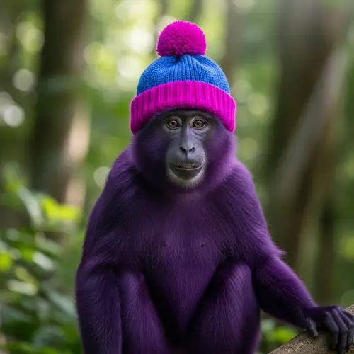 Playful Purple Monkey with Bobble Hat in Lush Forest