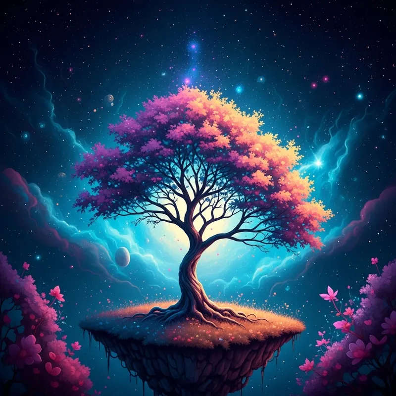 Vibrant Cosmic Tree: Dreamlike Universe in Neon Colors