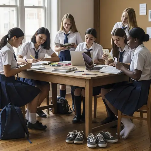 Barefoot Schoolgirls Studying Together in Harmony