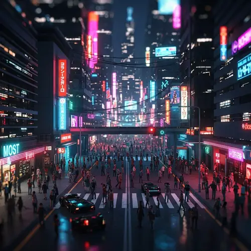 Futuristic Cyberpunk Cityscape with Neon Lights and Miniature Effect