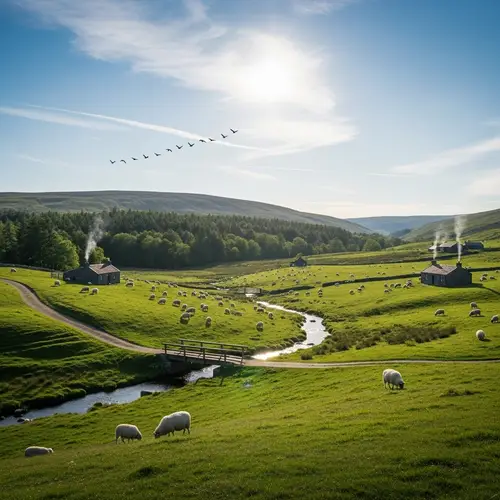 Tranquil Highland Landscape with Rolling Hills and Grazing Sheep