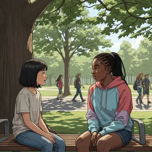 Multicultural Girls Deep in Conversation on Park Bench