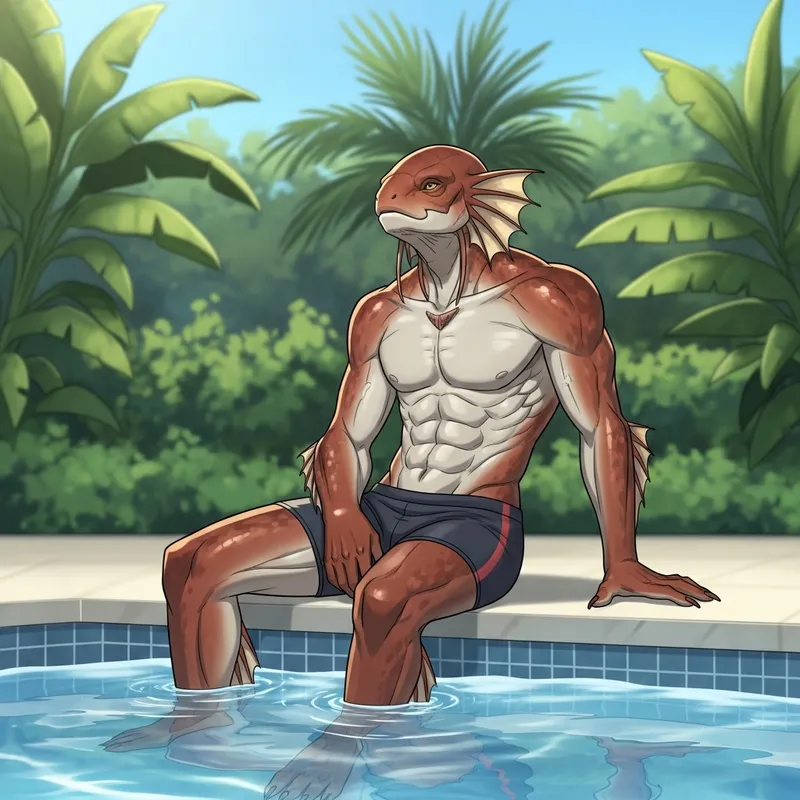 Muscular Male Fish Demi-Human Resting by Poolside Muscular Male Fish Demi-Human Resting by Poolside