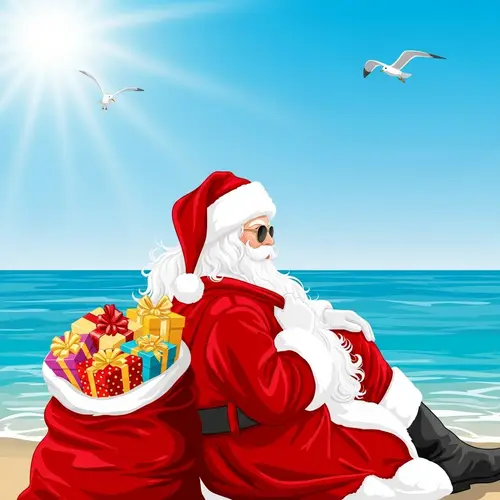 Fashionable Santa Claus Relaxing by Sea with Presents