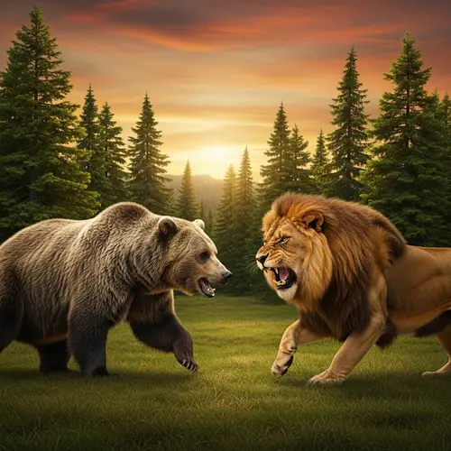 Intense Grizzly Bear vs. African Lion Scene in the Wilderness