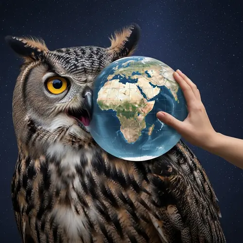 Intricately Detailed Globe Being Pushed Into Majestic Owl